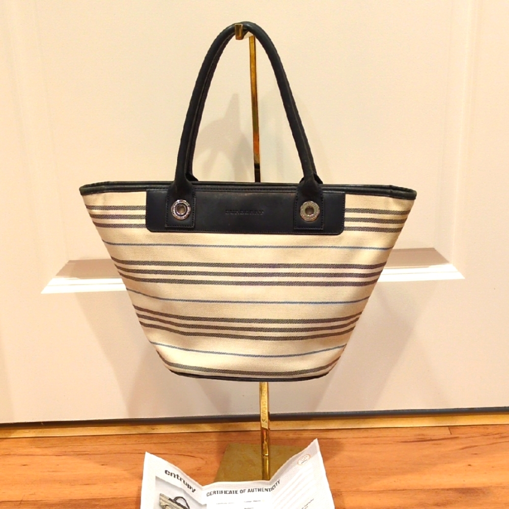 Burberry Canvas Striped Black Leather Trim Tote Purse Bag With COA Callouts